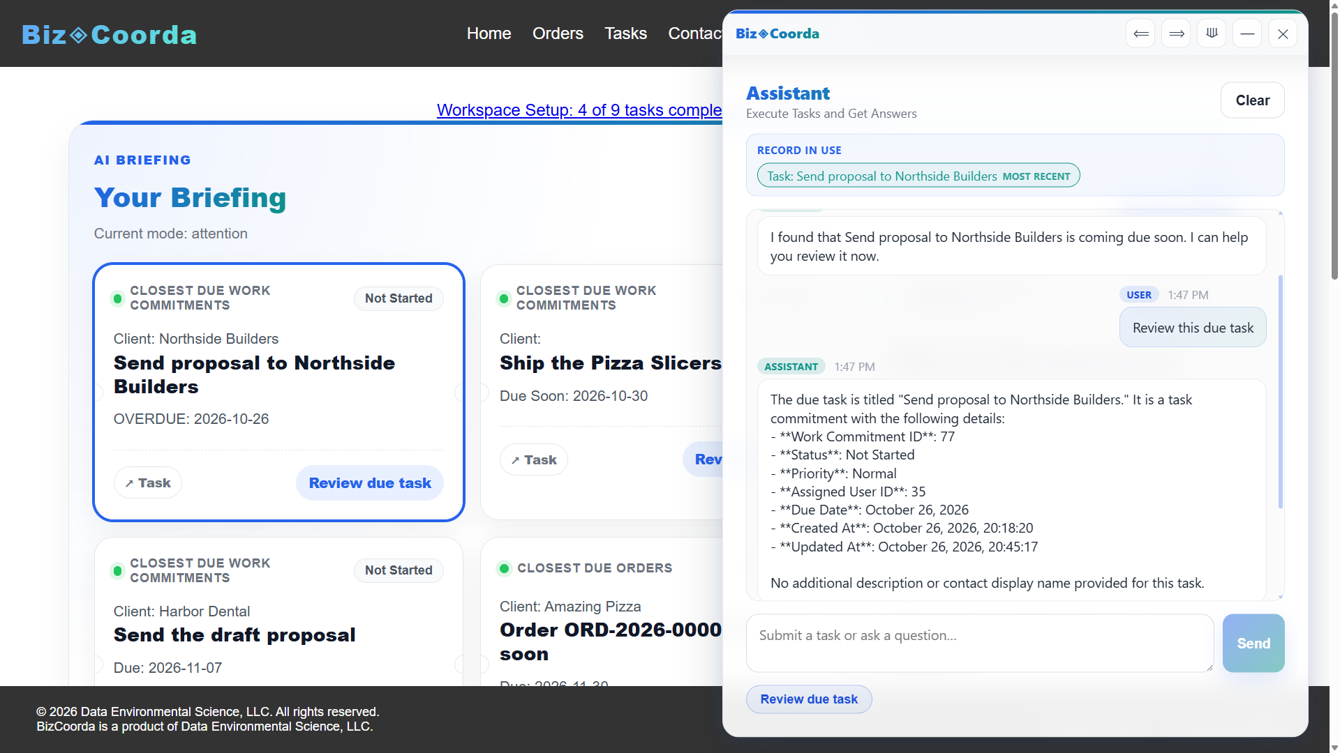 BizCoorda AI Assistant reviewing a task form the daily briefing.